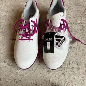 Adidas Women's Adizero Tour Golf Shoes White with Purple Accents
